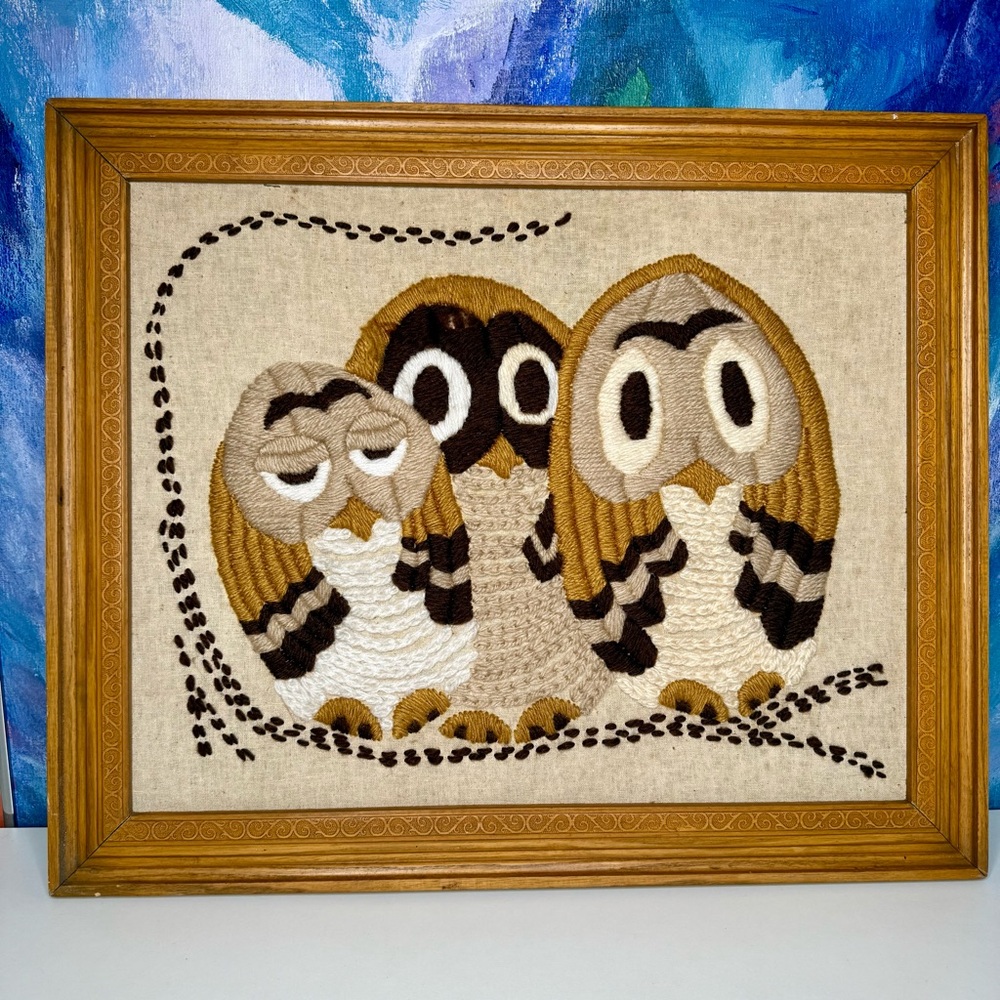 Owl Family Completed Crewel Framed McNeill Super Stitchery 5101 Vintage MCM 70s